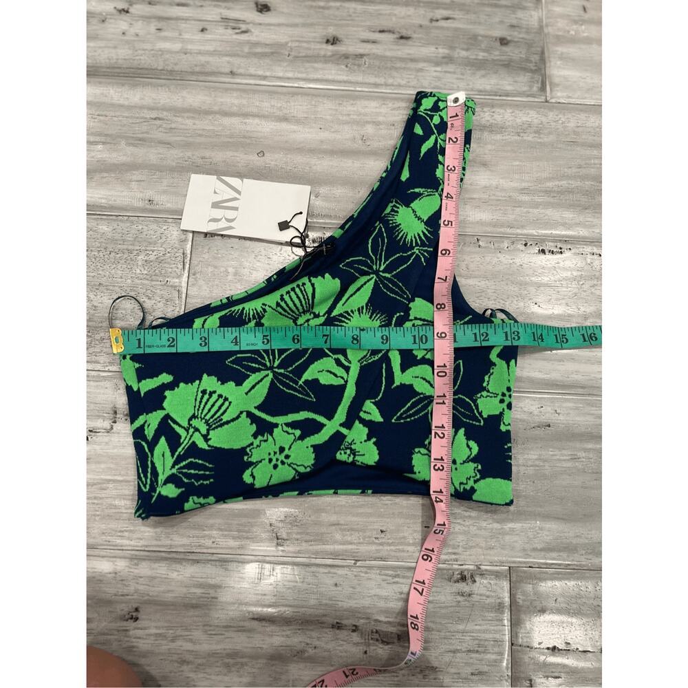 ZARA One Shoulder Floral Knit Crop Top Navy Green Quiet Luxury Capri Riviera NWT - Picture 9 of 9